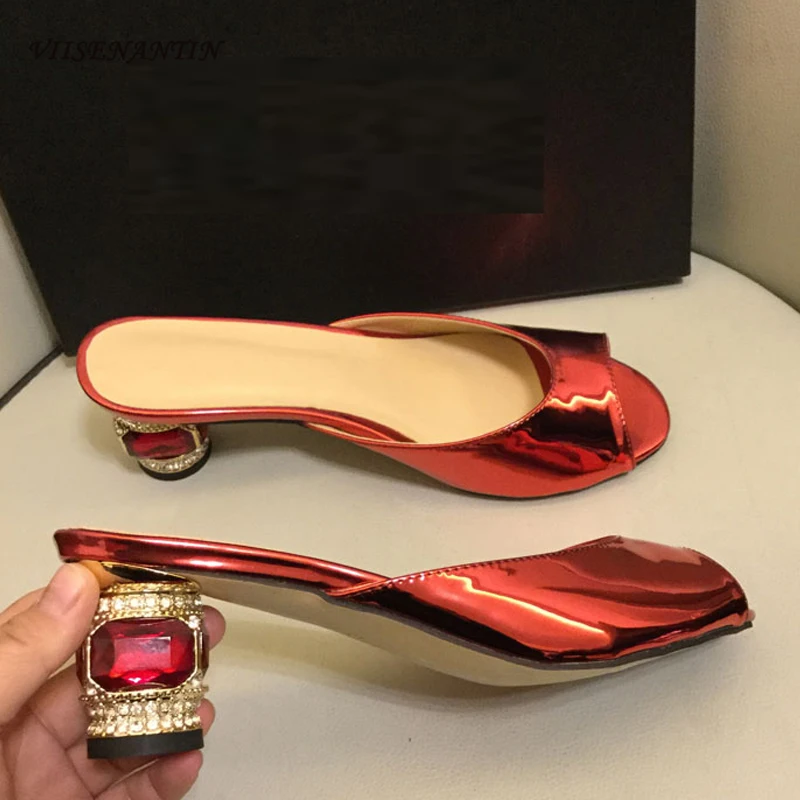 

VIISENANTIN 2019 new patent leather summer slipper shoe fish mouth crystal gemstone luxury slides for women green red silver