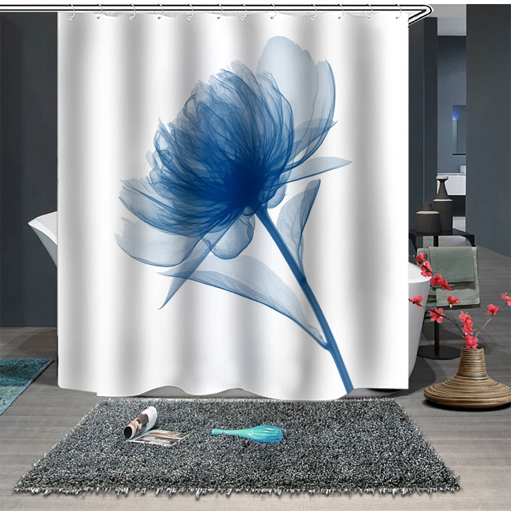 

Shower Curtain Set with Hooks Blue Tulip Transparent Flowers Plant Bathroom Decor Mildew Resistant Fabric Shower Curtain