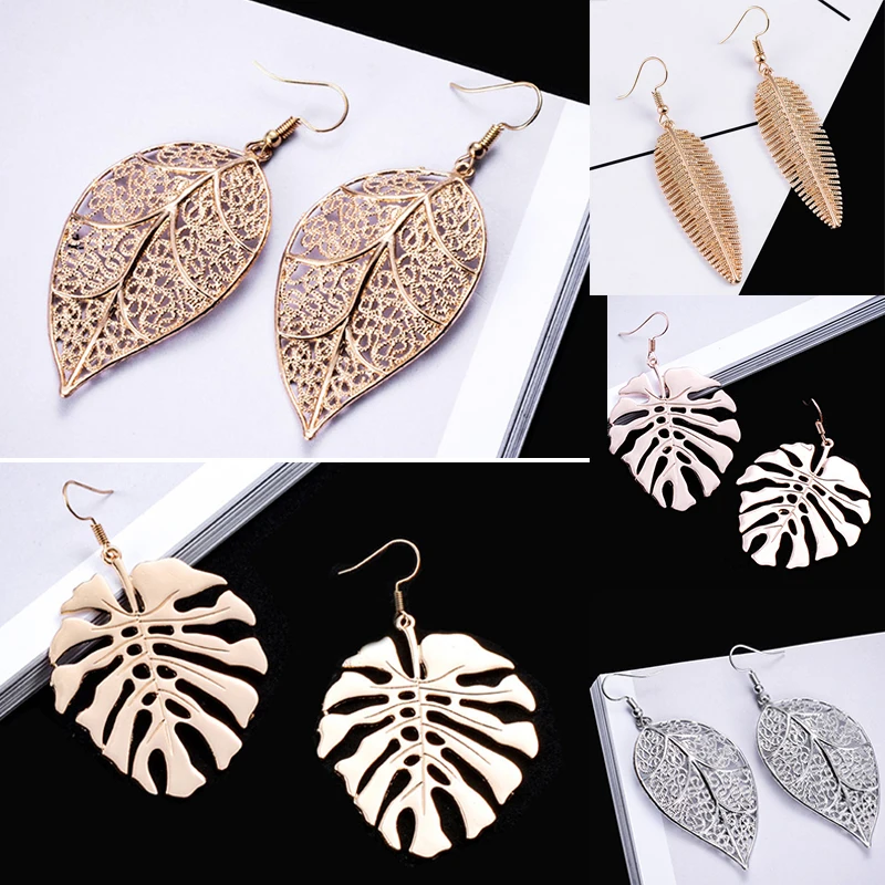 

Sale New Boho Gold Silver color Leaves Drop Earrings for Women Big Geometry Vintage Earrings Wedding Jewelry