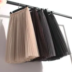 Серый/розовый/кофе трехслойные тюлевые юбки женские взрослые сетки до колена длина плиссированная юбка-пачка эластичные Высокая талия
