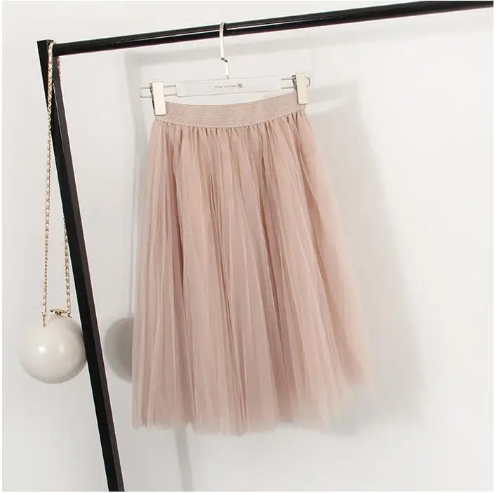 

Autumn Tulle Skirts Womens Winter Tulle Skirt Elastic High Waist Pleated Midi Skirt Three Layers E7933