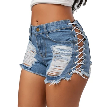 

Hot Summer Denim Shorts Women Denim Solid Lacing Hole Short Feminino Sexy Bandage Jeans Shorts Women Ripped High Waist Shorts