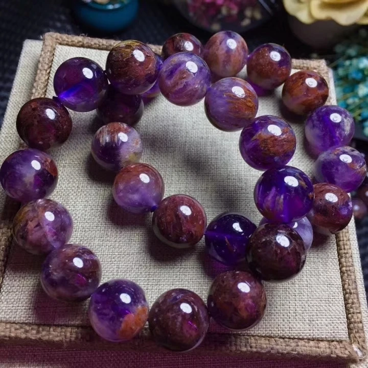 

Genuine Natural Cacoxenite Purple Phantom Quartz Crystal Powerful Round Beads Bracelet For Woman Man Aaaaa 15mm 14mm