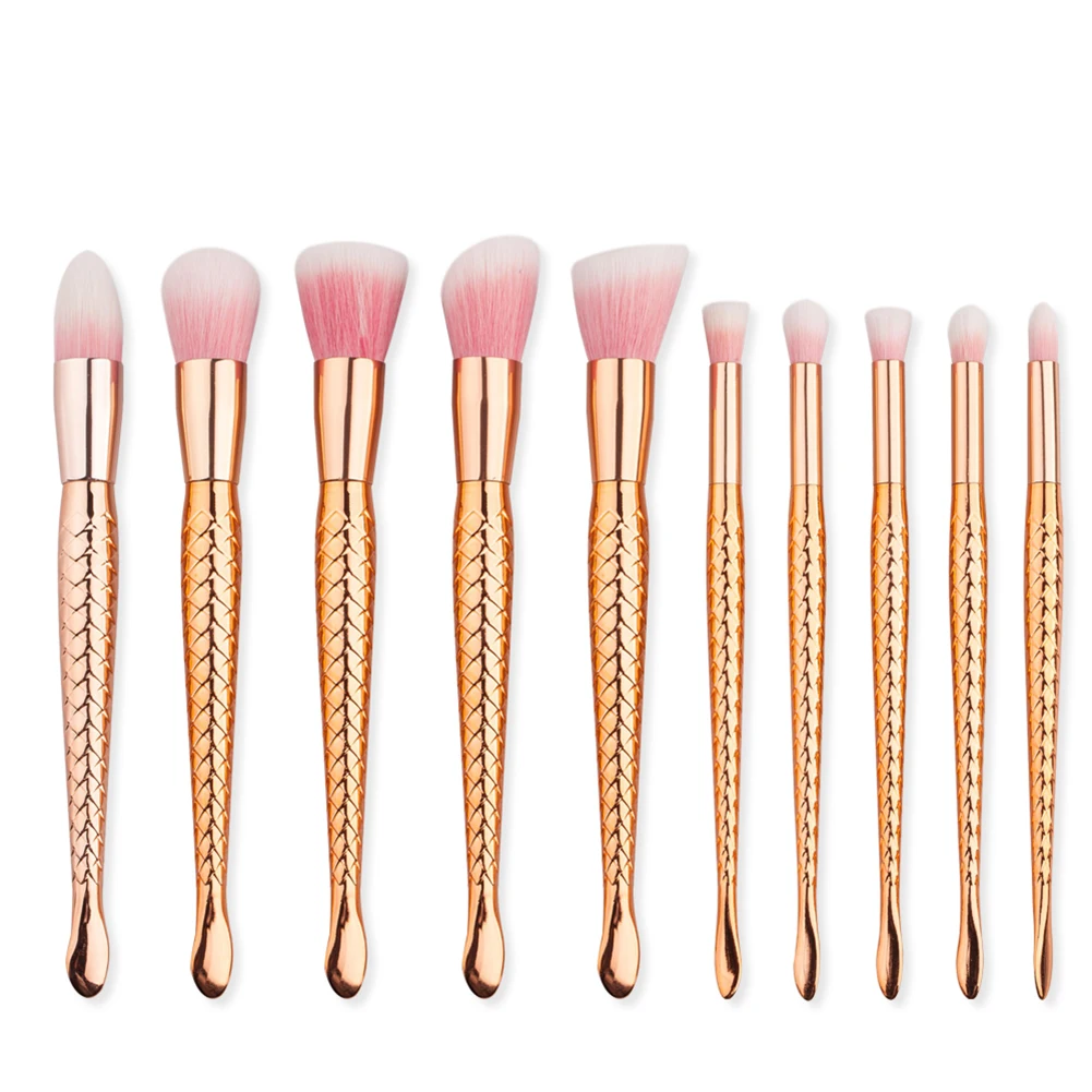

10 Pcs Pink Nylon Hair Spiral Handle Foundation Blush Brushes Makeup Tool Set
