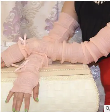 Pink Горячее предложение! Распродажа! Женские солнцезащитные перчатки женский летний длинный кружевной ледяной шелк без пальцев варежки анти-уф солнцезащитные перчатки для вождения список - Цвет: Pink