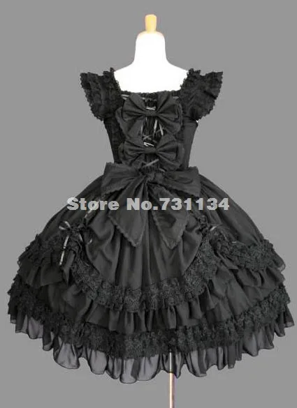 Дешевые Черные Кружевные хлопковые платья Лолиты с рукавами-крылышками и бантом