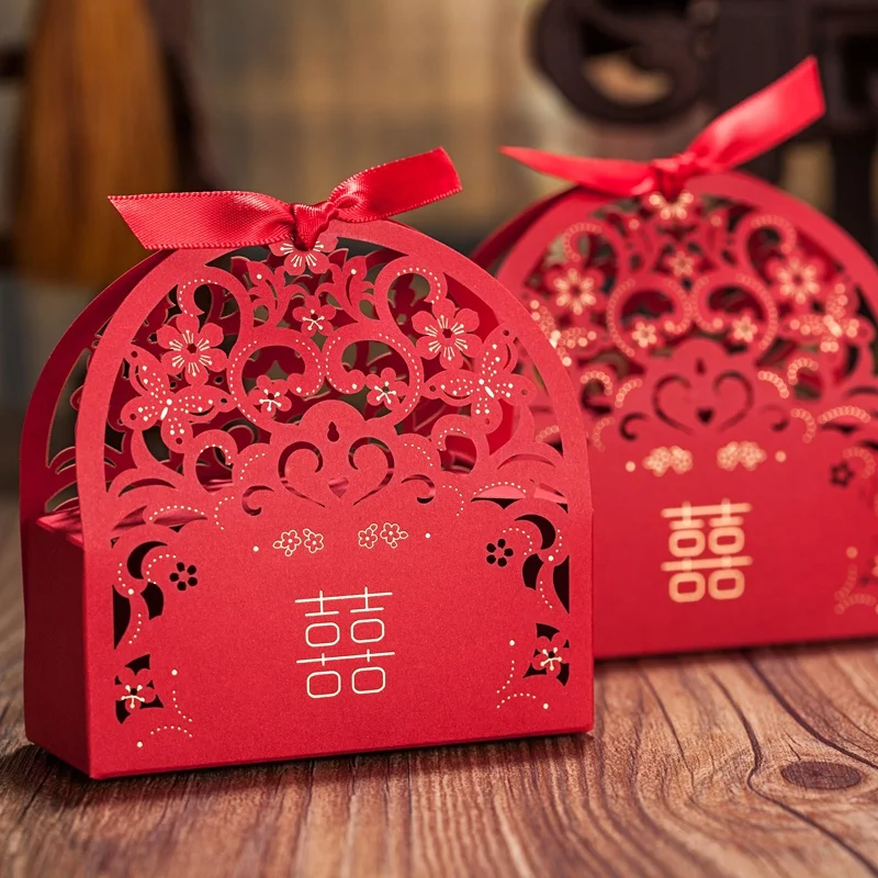 Азиатский тематические красного цвета Двойной Счастье Свадебная коробка конфет