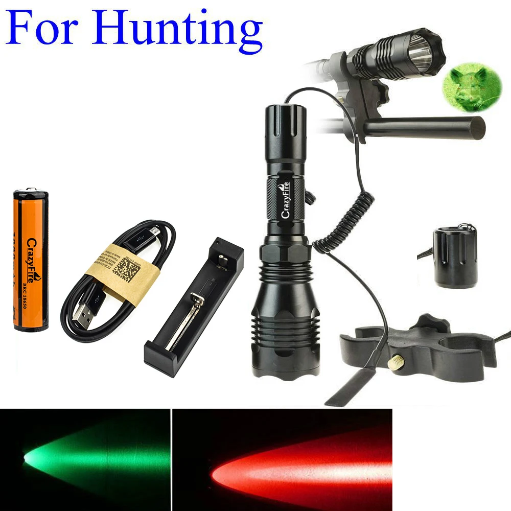 

1000LM LED Tactical Flashlight Long Range Red Green White Hunting Light Lantern With 25mm Diameter Gun Mount + Pressure Switch