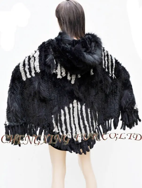 CX-B-110B Large Knit Rabbit Fur Poncho Shawl With Hood ~ DROP SHIPPING 