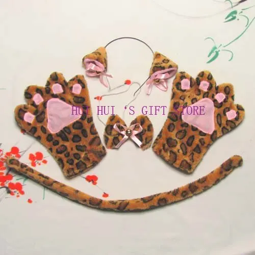 Дети для взрослых, косплей на Хэллоуин вечерние плюшевые животные набор леопард черный Кот Белый Кот повязка на голову, галстук-бабочка, хвост, перчатки