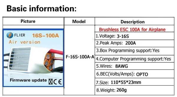 Двигатель Flier 60 V/100A HV ESC для самолета rc