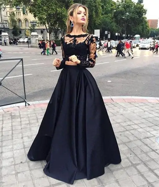 2016 New Black Two Pieces Party Dresses Sheer Long Sleeves Lace Top Satin A line Floor Length Prom Formal Speci Dress | Свадьбы и