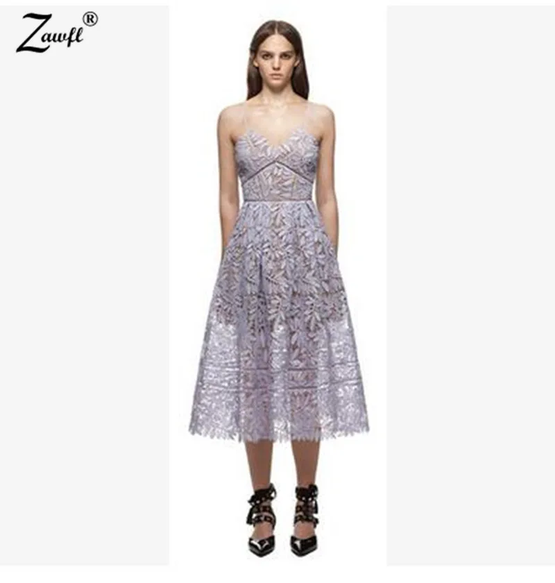 Женское кружевное платье на бретельках ZAWFL миди с v образным вырезом и открытой