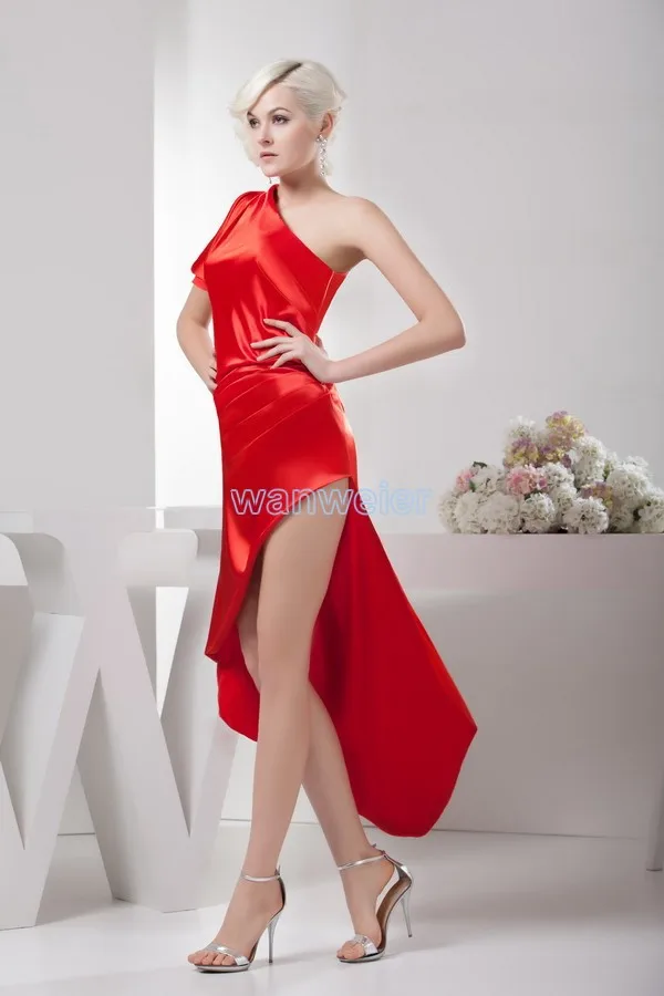 vestidos formales 2013 горячий продавец фактический изображения короткий передний долго назад одно плечо pleat красные платья невесты