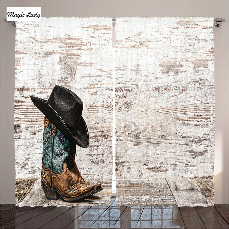Us 97 02 Hooks Hanging Curtains Living Room Bedroom Decor Western Rodeo Cowboy Hat Cowgirl Boot Brown Beige B Curtains Hooks Hanging L In Curtains