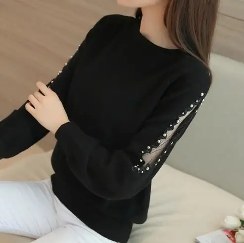 black OHCLOTHING весенние свободные свитера с кружевными бусинами, Женский Короткий кружевной свитер с бусинами, универсальная одноцветная рубашка - Цвет: black