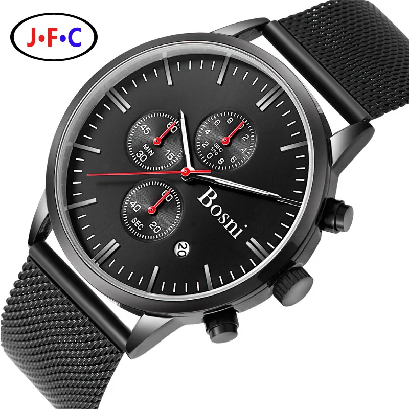 

Top Brand Bosni Men's Quartz-watch Stainless Steel Mesh Band Watch Chronograph Slim Mens Watch Relogio Masculino