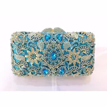 8361 BLUE Crystal Flower Floral Fashion Wedding Bridal hollow Metal Evening purse clutch bag handbag box case