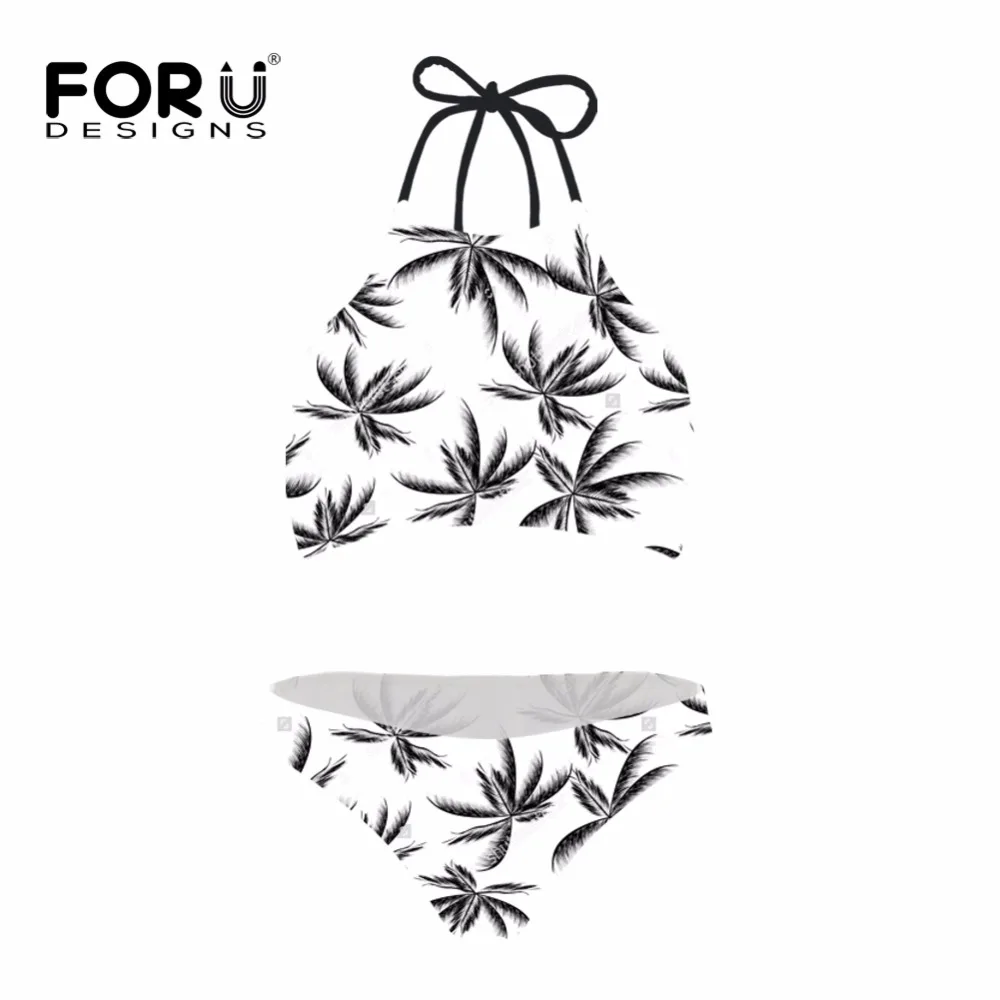

FORUDESGINS Green Palm Tree Leaf Print High Neck Bikini Set Push Up Women Girls Swimsuit Bandage Swimwear Female Bathing Suit