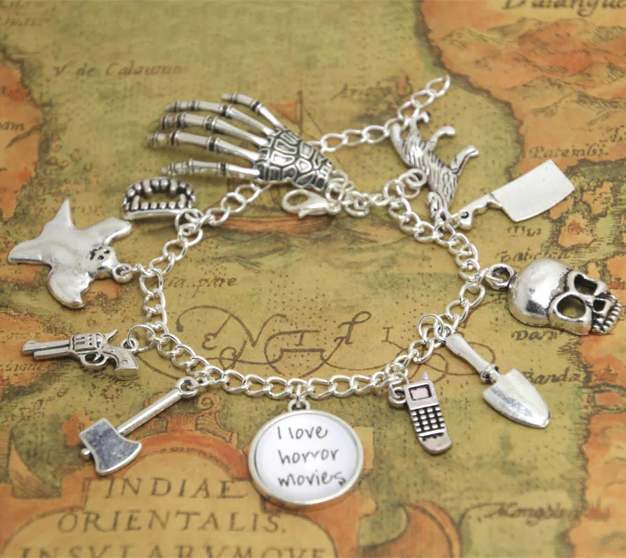 

12pcs i love horror movie charm bracelet galss cabochon bracelet silver tone
