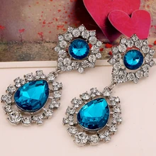 Free Shipping! High-quality Trendy Green Blue Big Stone Crystal Rhinestones Luxurious Drop Earrings for Women Party Jewelry