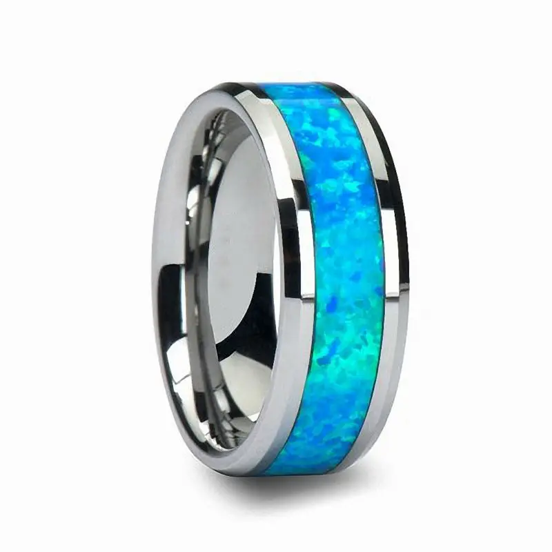 6 MM Polished Beveled Edge with Blue Opal Inlay Unisex Tungsten Carbide Wedding Band Ring