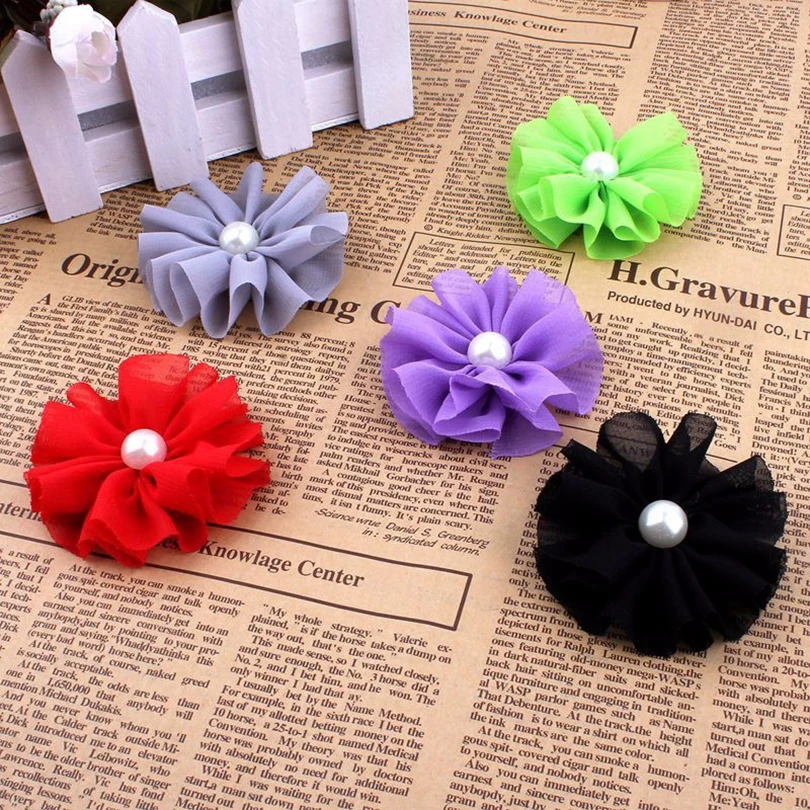 120 шт/партия 6.5cm14colors заколки для волос гофрированный балетный шифоновый цветок с жемчугом для аксессуаров для волос тканевые цветы для повязки на голову