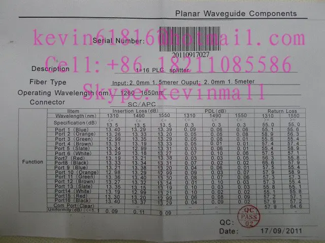 1x16 PLC сплиттер, siglemode, SC/APC, FC, ST, LC, SC/разъем для ПК ODN