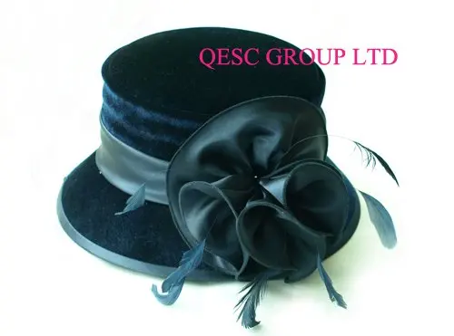2012 NEW design ladies velvet dress hat with feathers,dark blue color,for wedding races church formal hat