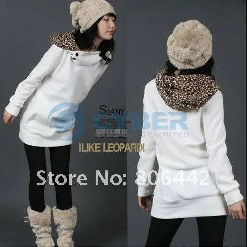 Womens Autumn Sweatshirts Hoodies Leopard Top Outerwear Parka Coats White/ Black Four Size free shipping