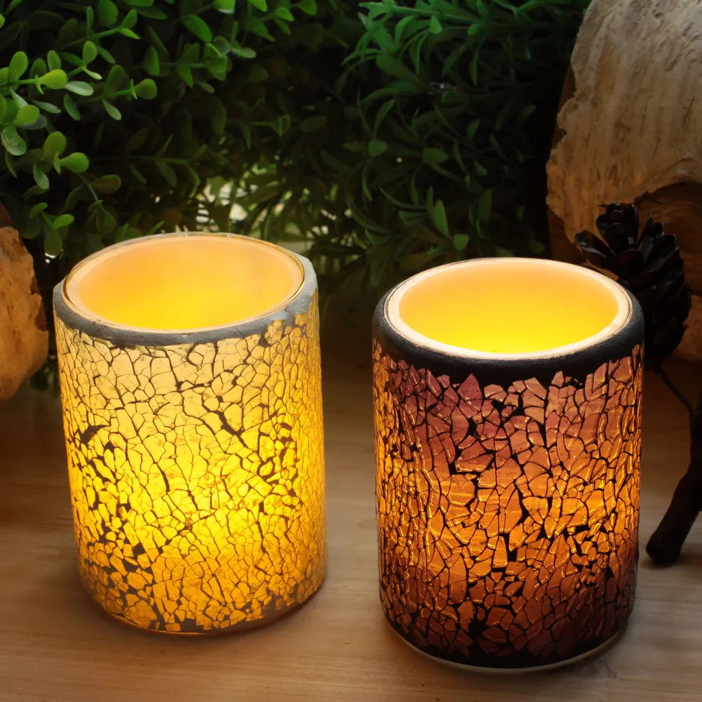 バッテリー駆動のガラスモザイクリアルワックスフレームレスキャンドルledキャンドル、タイマー付き、ホームパーティーの装飾、3 x4インチ