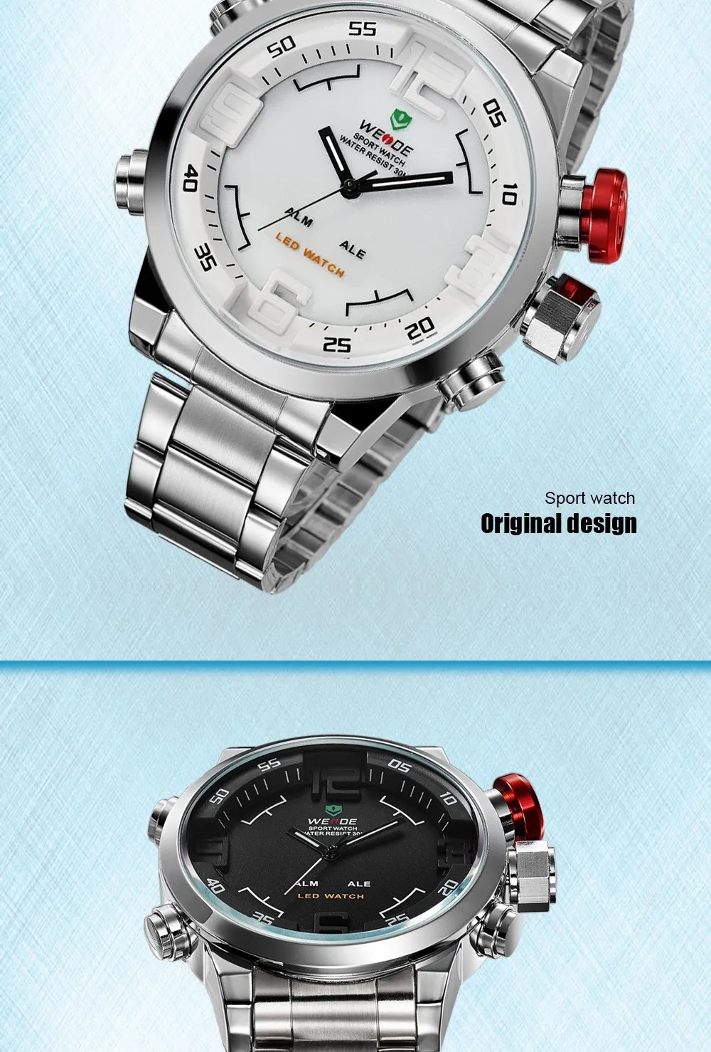 WEIDE мужские спортивные часы из нержавеющей стали, белые часы, кварцевые аналоговые цифровые светодиодный часы в стиле милитари, мужские часы