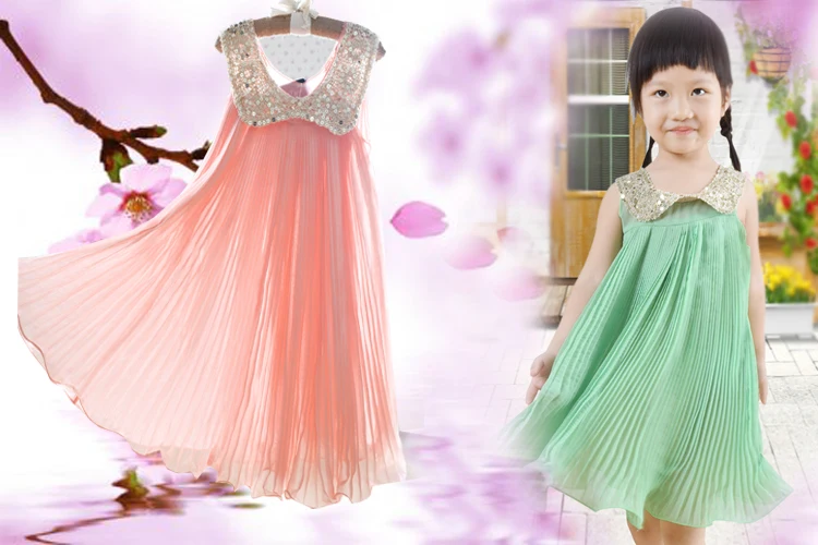 Горячая распродажа! 6 цветов, летнее Плиссированное шифоновое цельнокроеное платье для девочек с воротником с пайетками, детская одежда для малышей Розовый/Зеленый
