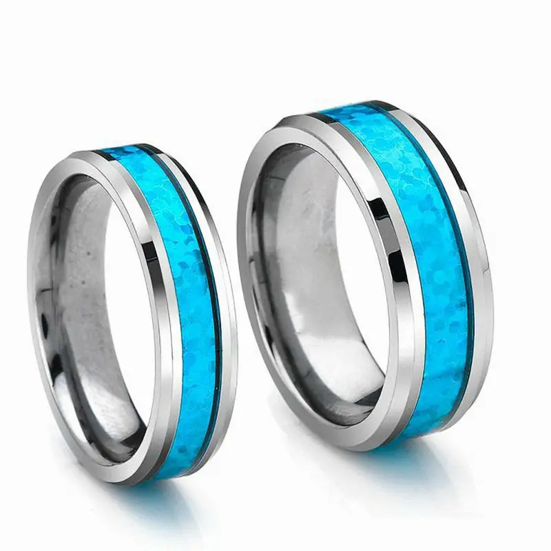 His  Hers 8MM6MM Tungsten Carbide Beveled Edge Hawaiian Blue Inlay Wedding Band Ring Set