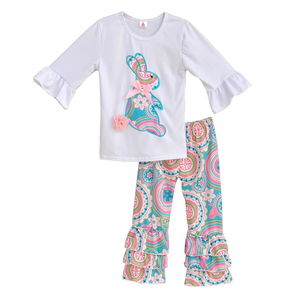 

CONICE NINI Easter Baby Boutique Girls Embroidery Outfits Big Rabbit Top Floral Ruffle Pants Fashion 2 Pcs Children Sets