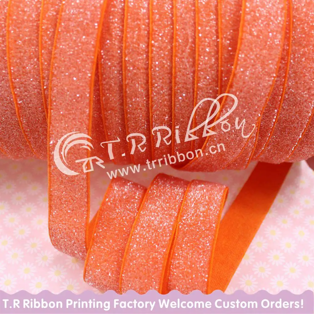 

5/8" M-9(3) orange frosted glitter velvet elastic ribbon for DIY hair accessaries, 50 yards/lot/color