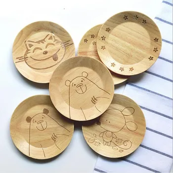 

1pc Natural rubber wood plate Cartoon wooden dish dinner plates meal snack tray wedding dishes kitchenware dinnerware tools