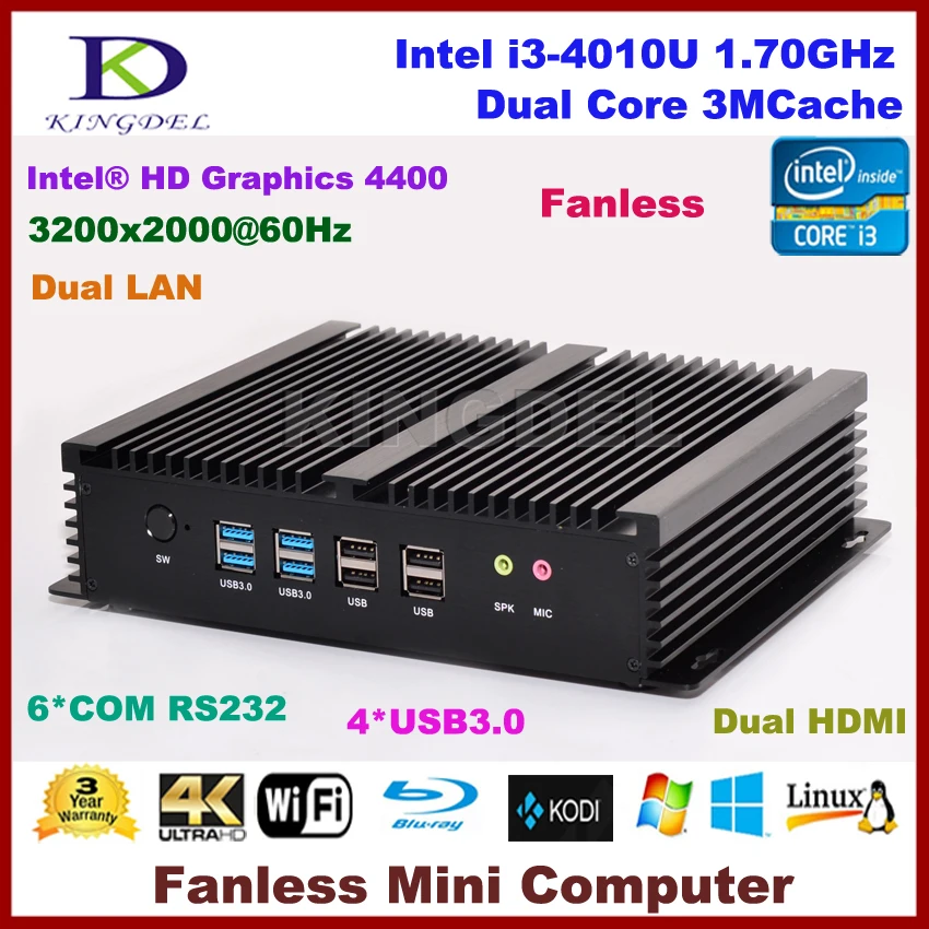 Kingdel промышленный Мини компьютер с 6 COM 2 HDMI 2 Lan черный Цвет Intel i3 4010u процессор, 3D поддержка игры, Windows 10 NC310