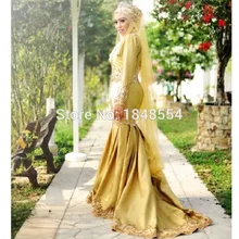 MZY711 New Golden Long Sleeve Lace Satin Wedding Dress Mermaid Middle East Arabic Muslim Hijab Dubai Bridal Gown