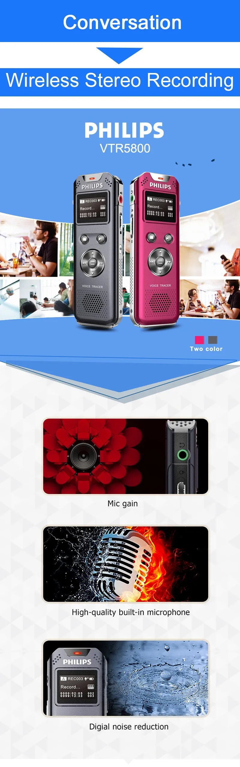 Цифровой диктофон USB PHILIPS 8GB Flash www. Портативный MP3 Воспроизведение музыки с REC и поддержка A-B Повтор VTR5800