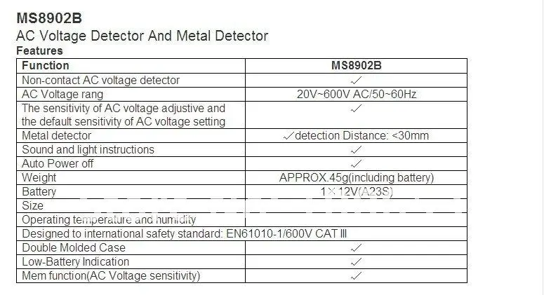 Оптом и в розницу, Бесконтактный 20 V-600 V 30 мм Профессиональный металлоискатель и переменного тока индикатор напряжения метр MASTECH MS8902B