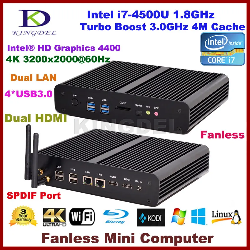Безвентиляторный Настольный ПК Core i7 4500U/4560U, 4 * USB 3,0, Dual LAN, Dual HDMI, 3D Поддержка игр, Windows 10