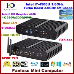 Безвентиляторный Настольный ПК Core i7 4500U/4560U, 4 * USB 3,0, Dual LAN, Dual HDMI, 3D Поддержка игр, Windows 10