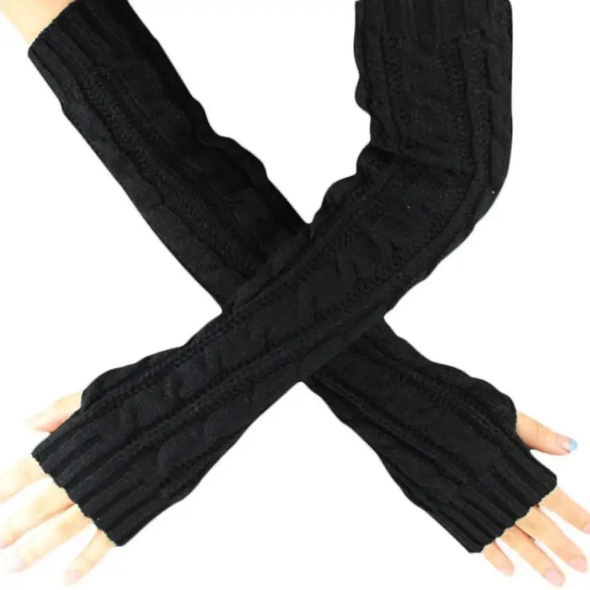 1 пара, модные осенне-зимние весенние теплые женские однотонные перчатки для девушек, теплые длинные вязаные шерстяные варежки без пальцев - Цвет: Черный