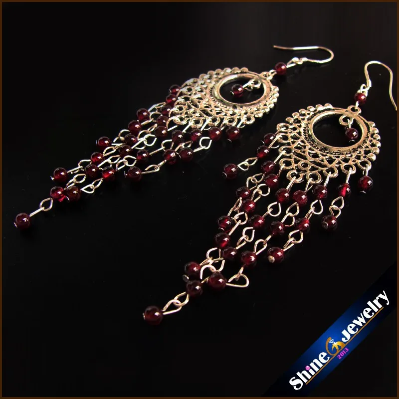 Винтажные тибетские стильные модные ювелирные серьги для женщин с натуральными гранатовыми камнями, длинные висячие женские серьги-SOP4