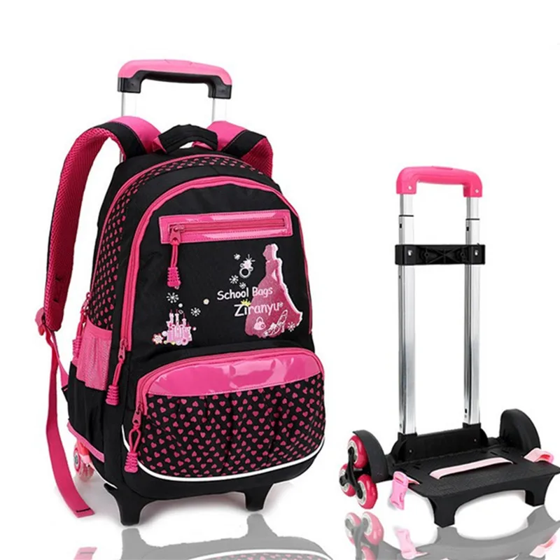 3 wheel stairs Children Cartoon School Bags With Wheels Kids Trolley