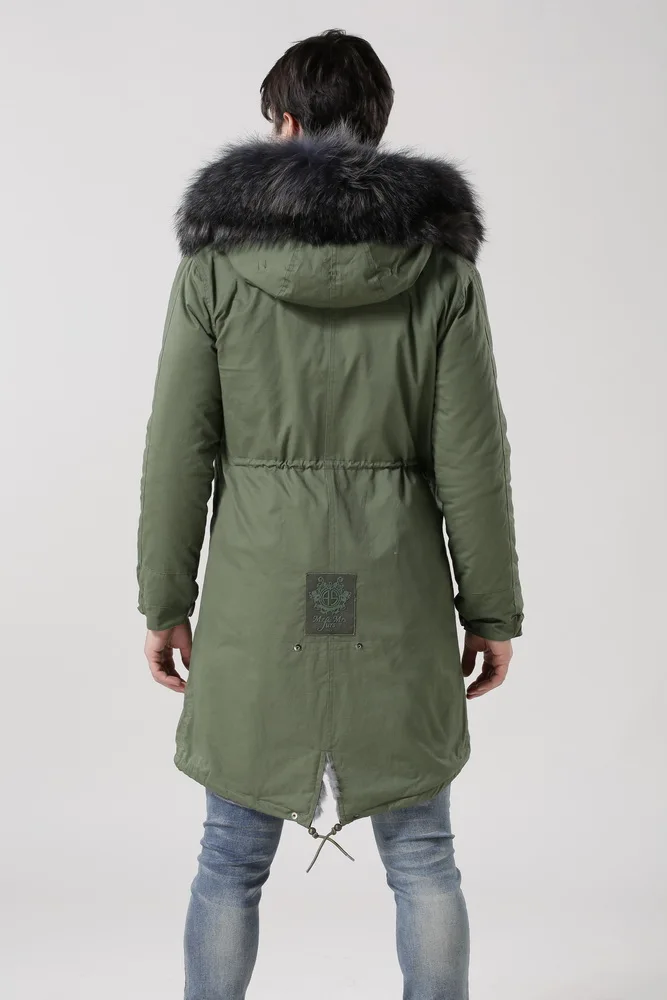 Long style army green parka with grey faux fur lined and fur trimmed jackets