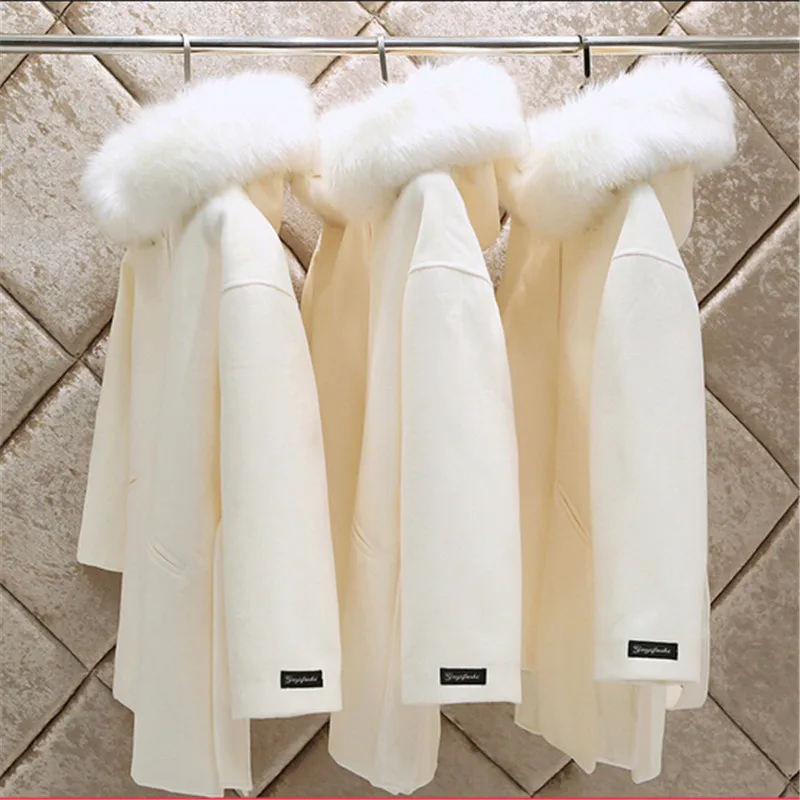 High quality Wool Coat Women Cashmere coat Mew style MAO collar Hooded Nine points sleeve White Autumn Winter Wool Coat BN1244