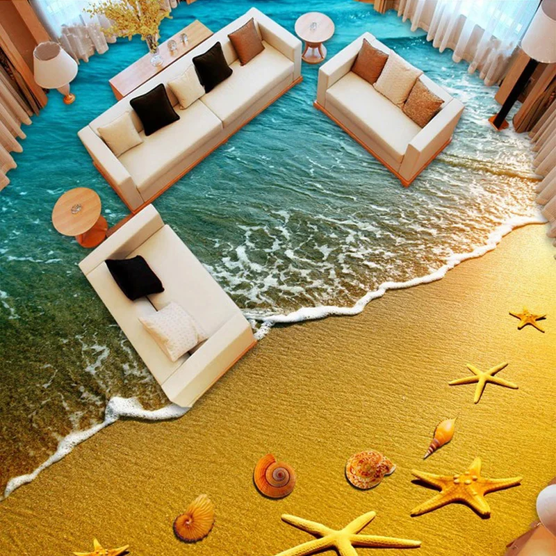 

Custom 3D Floor Wallpaper Golden Beach Shells Dolphin Bathroom Living Room Bedroom PVC Waterproof Self-adhesive Mural Wallpaper