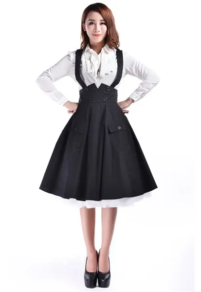 black 10-Женская винтажная 50 s Одри Хепберн Свинг миди юбка на подтяжках в красном черном цвете плюс размер faldas рокабилли пинап юбки с бретелями - Цвет: black
